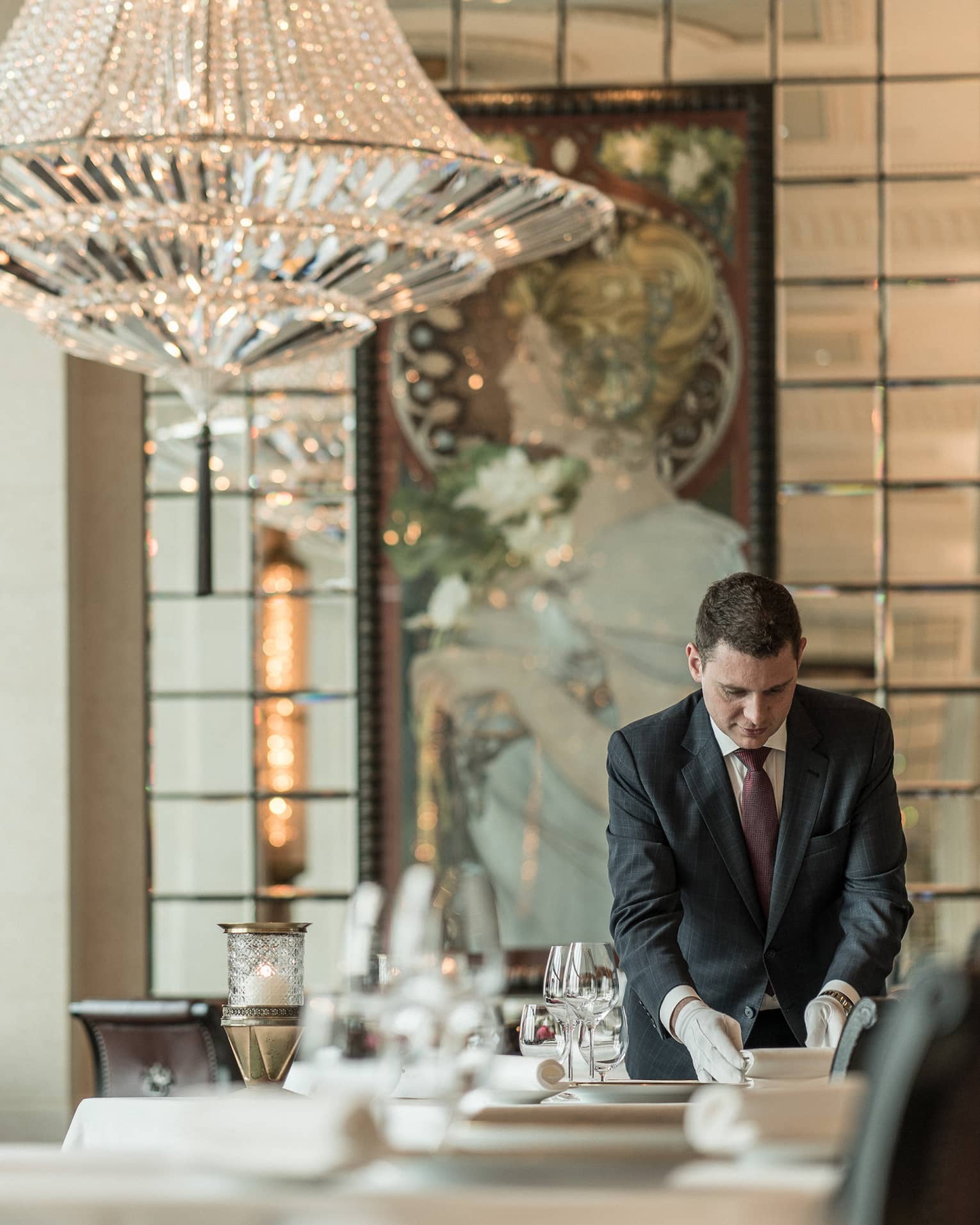 A crystal chandelier in Caprice, a French restaurant 