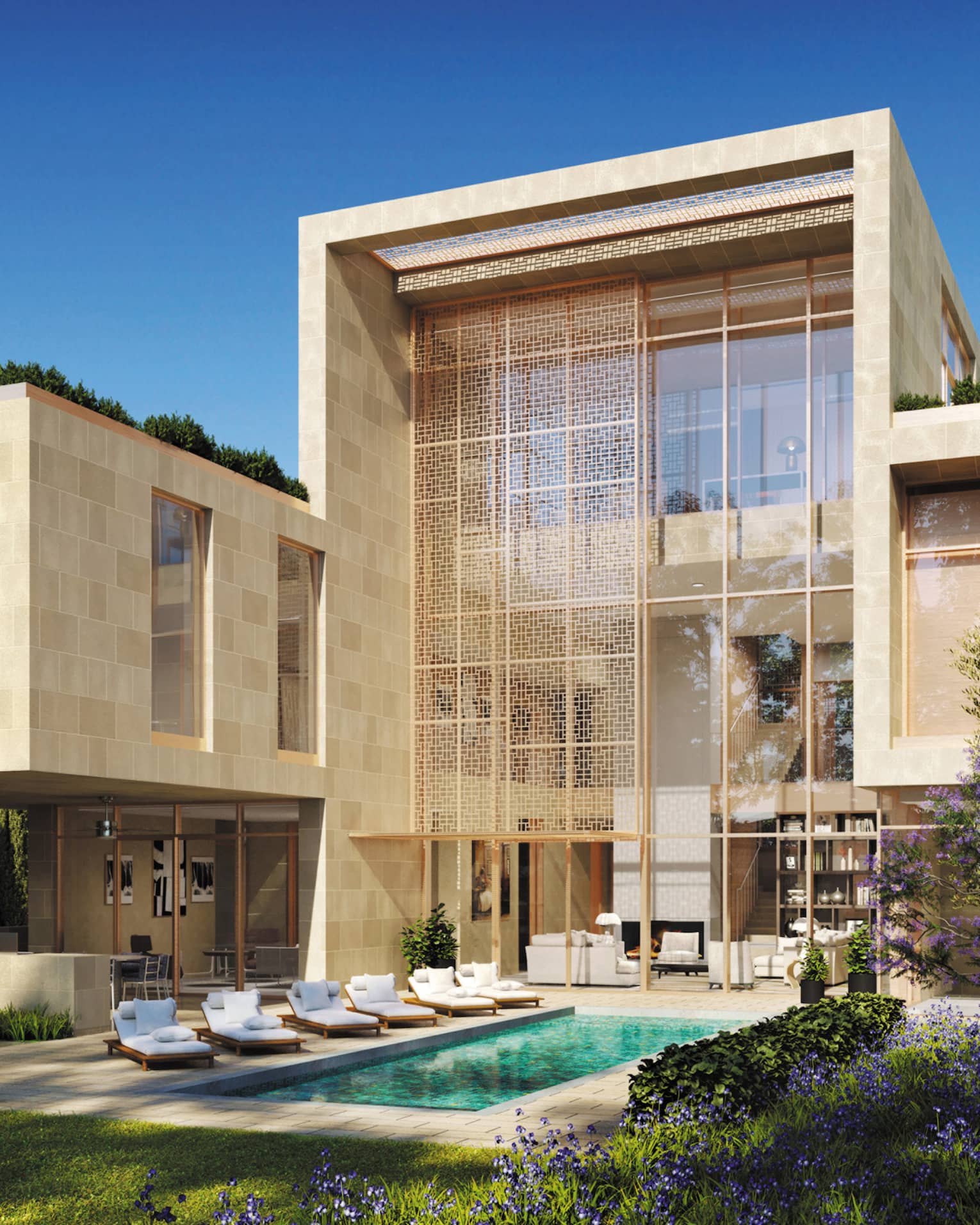 Rendering of exterior with pool and deck chairs