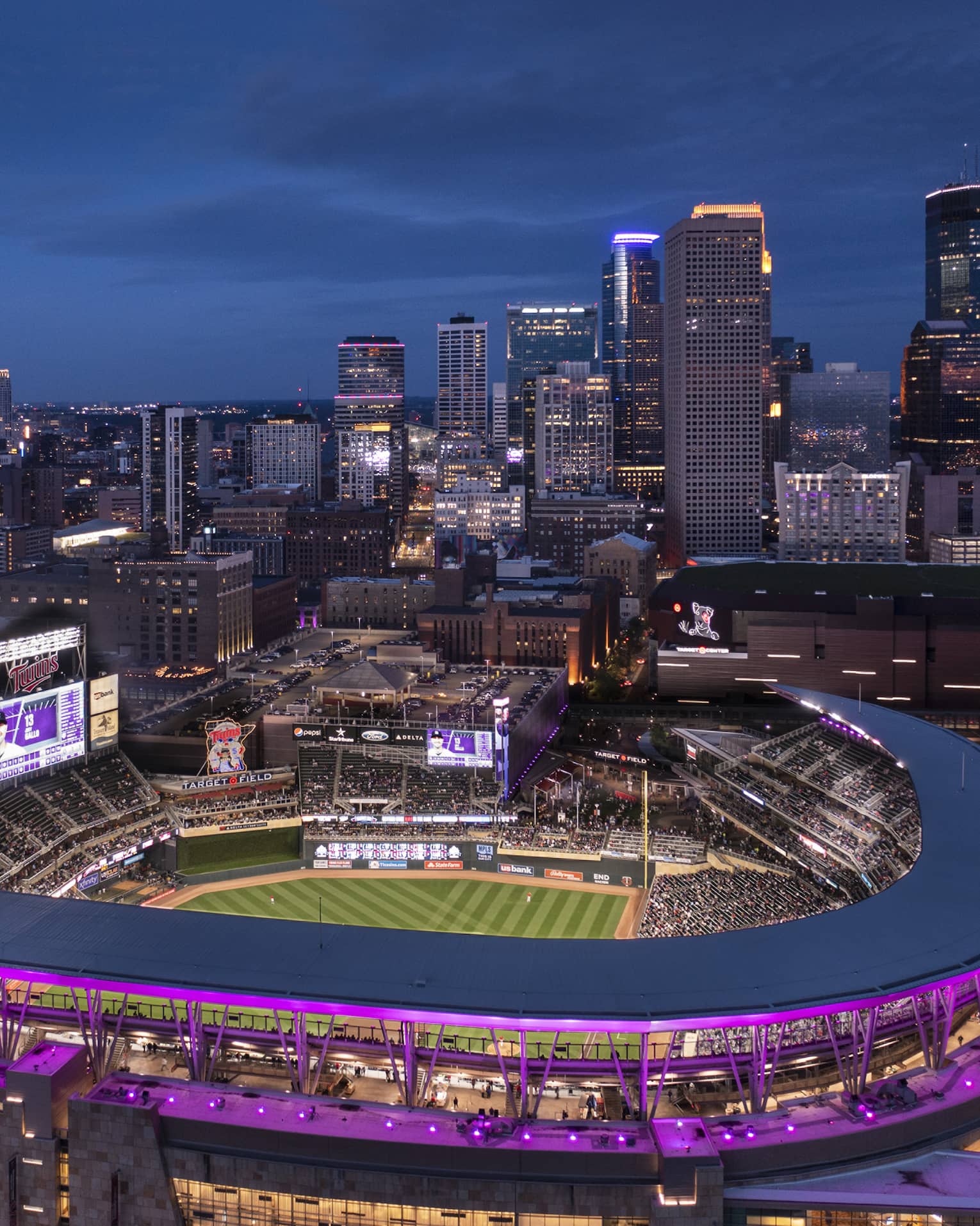 Minneapolis baseball stadium at night