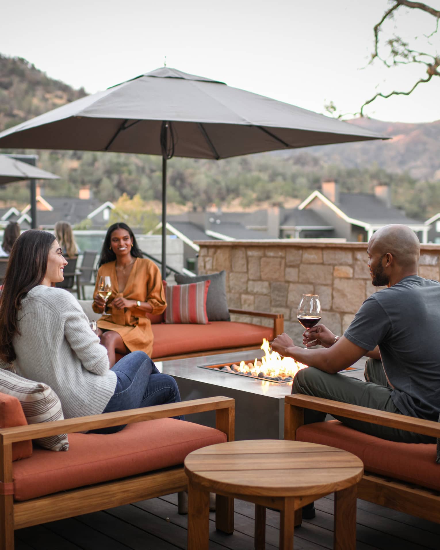 A group of people sitting outside with glasses of wine.