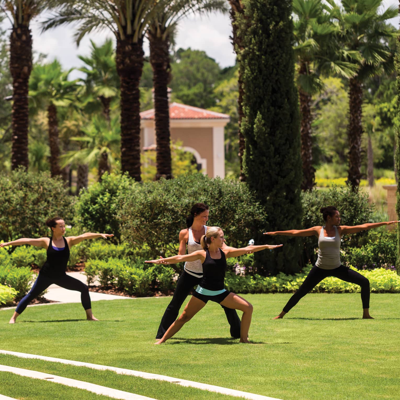 Group of people stand, arms outstretched in yoga poses on green lawn