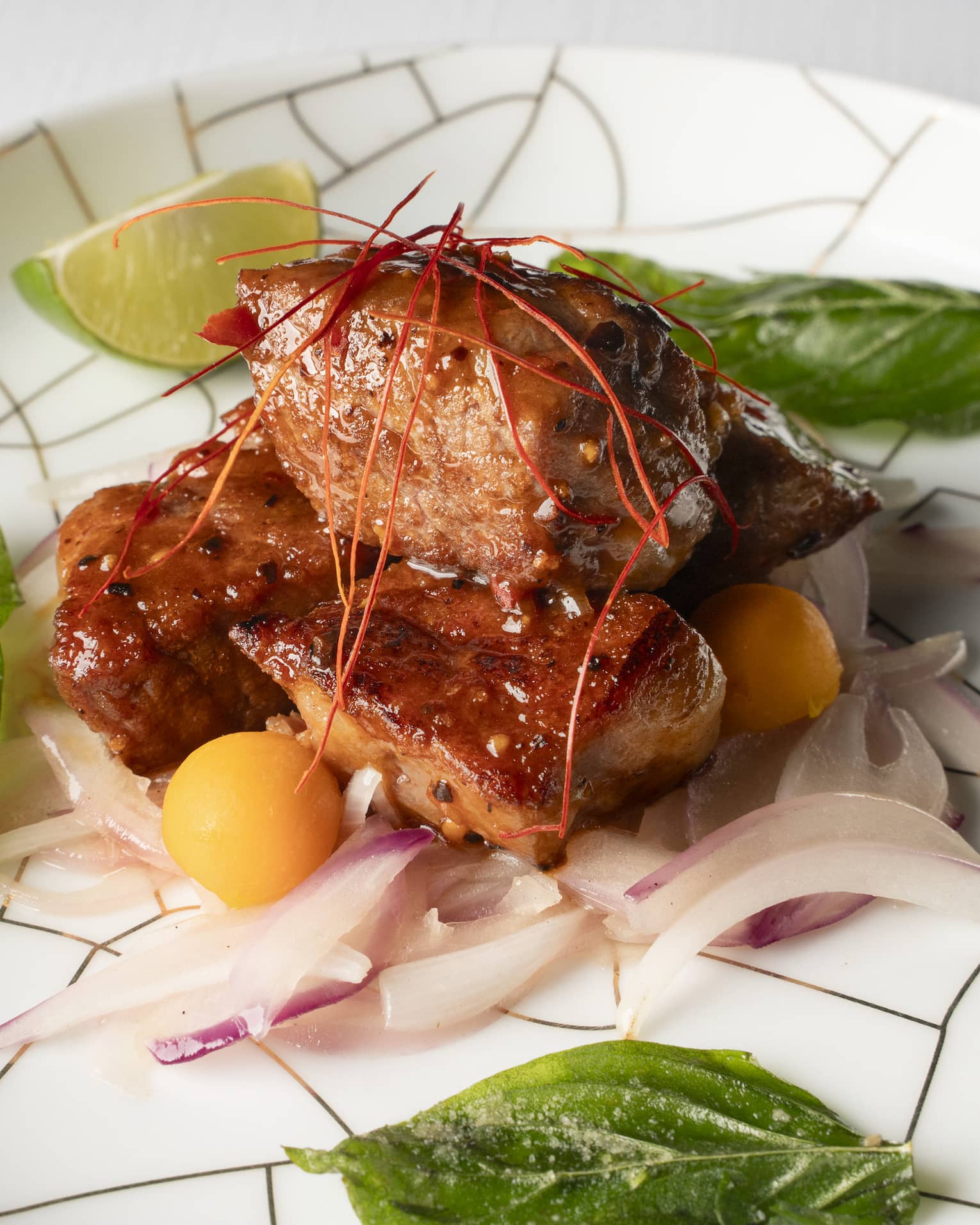 Plated dish featuring seared meat topped with thin red chilli strands, served on a bed of onions and garnished with fresh basil leaves and melon balls.
