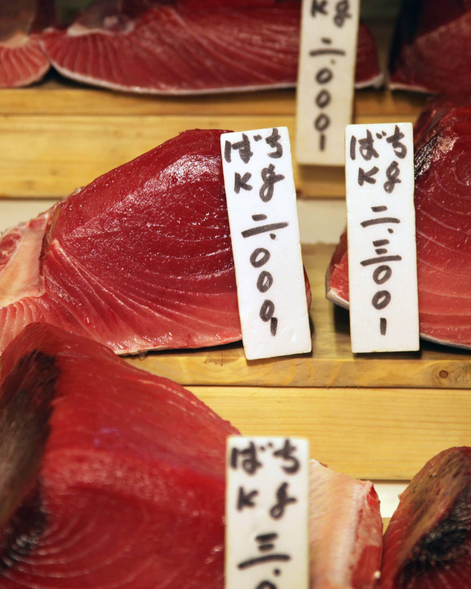 Close-up view of labelled cuts of glistening, pinky-red fresh tuna displayed on three levels of wooden risers.
