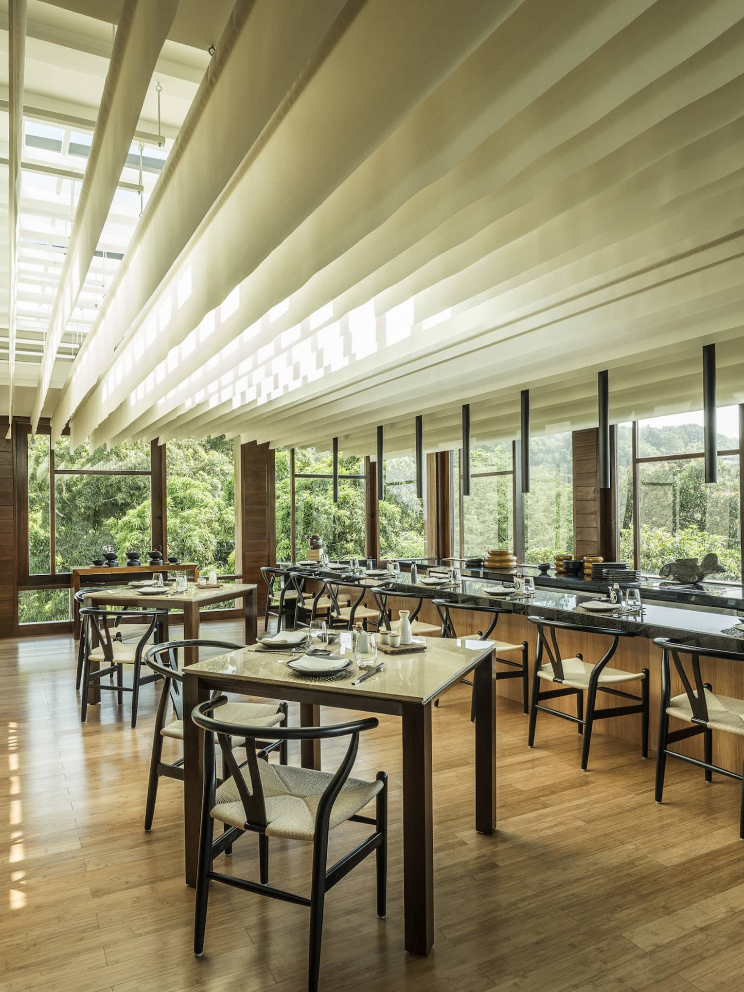 Bright, contemporary restaurant overlooking hillside