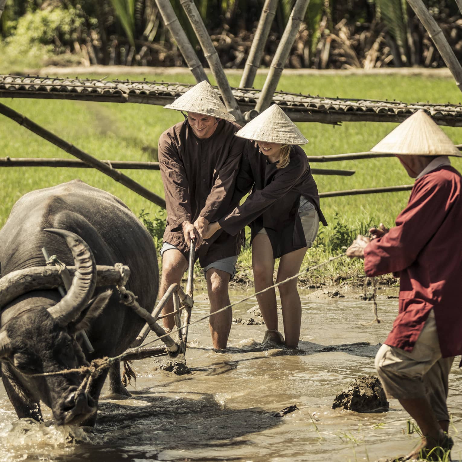 In a flooded field, two people in straw hats guide a water buffalo using a primitive plough, led by a farmer holding a rope.