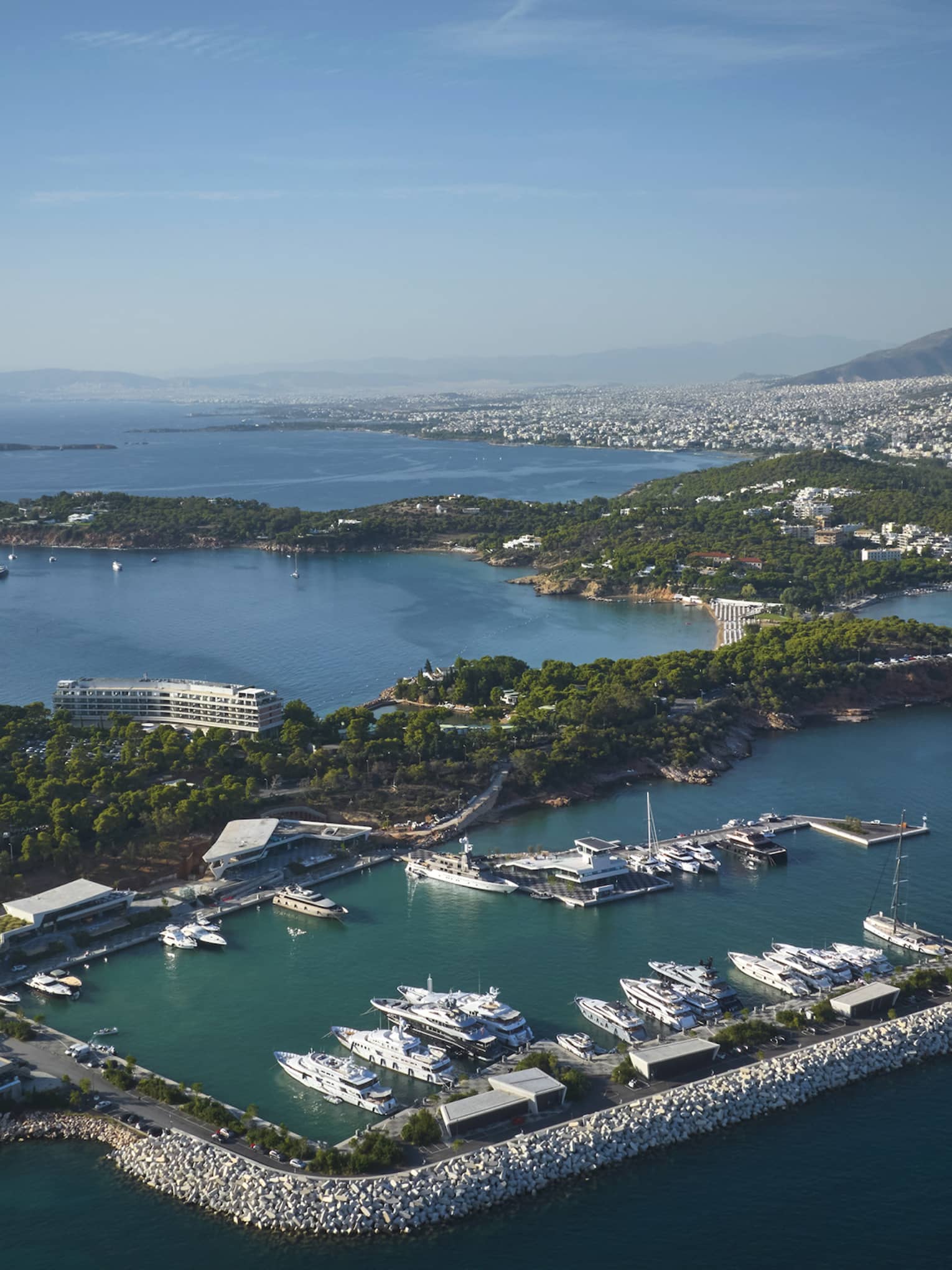 Aerial view of marina filled with yachts