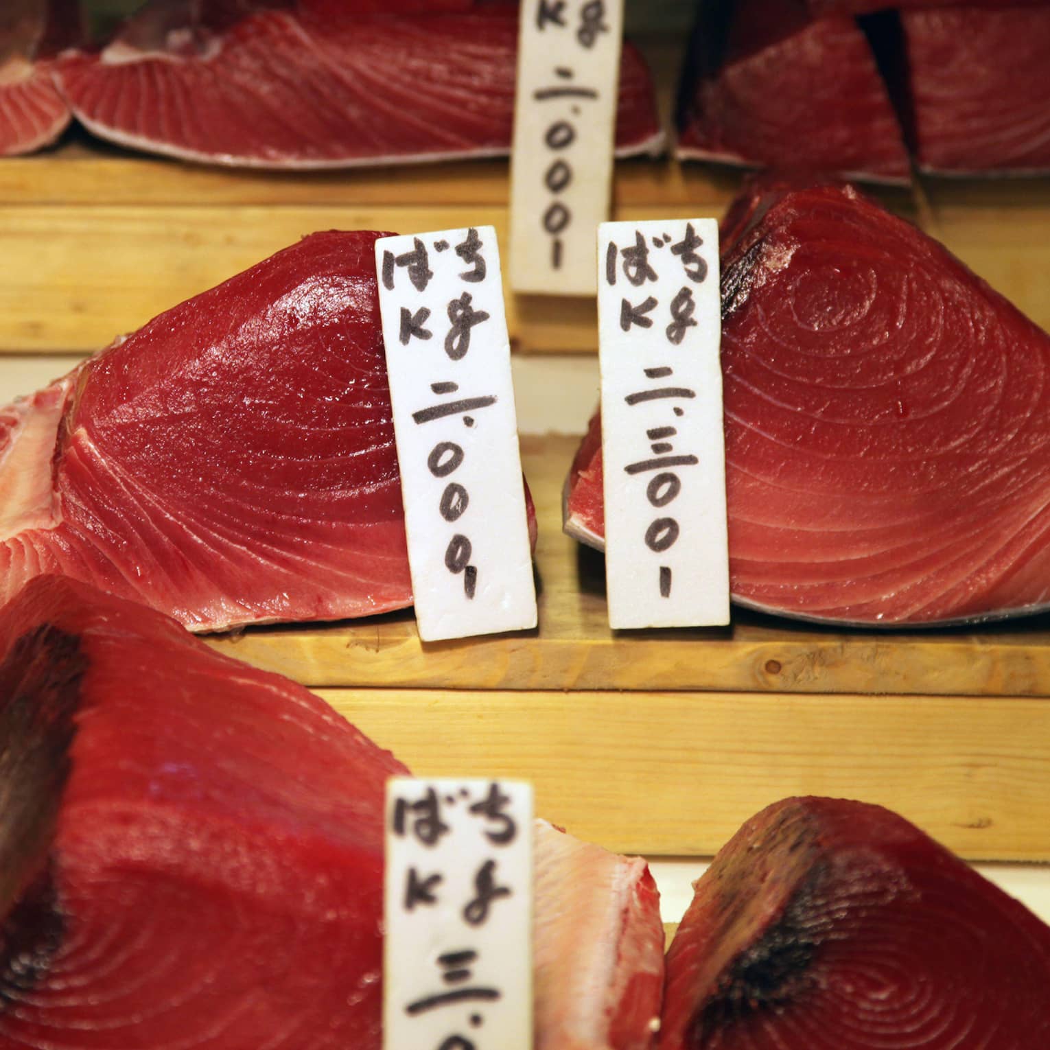 Close-up view of labelled cuts of glistening, pinky-red fresh tuna displayed on three levels of wooden risers.