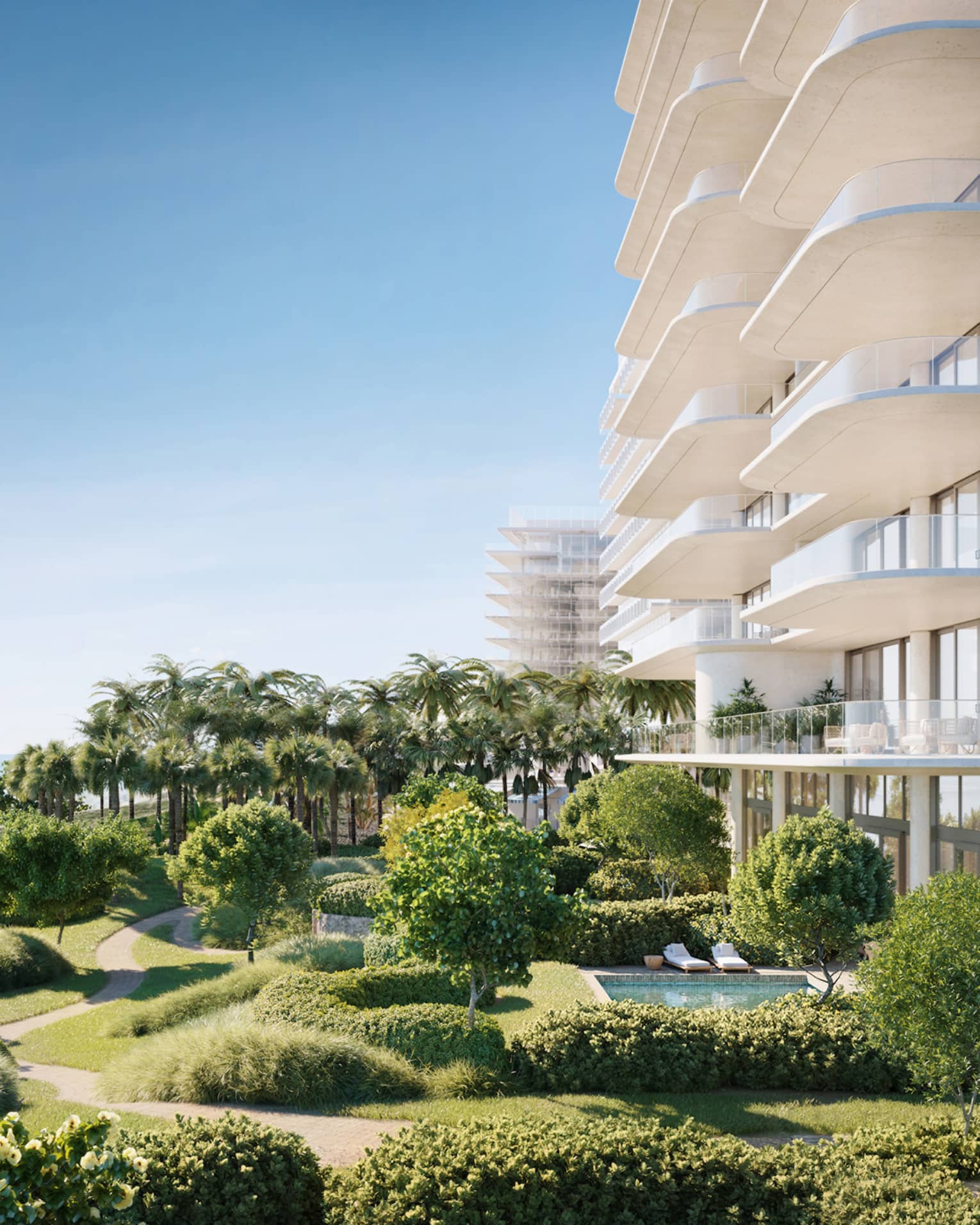 Rendering of building exterior, ocean and greenery