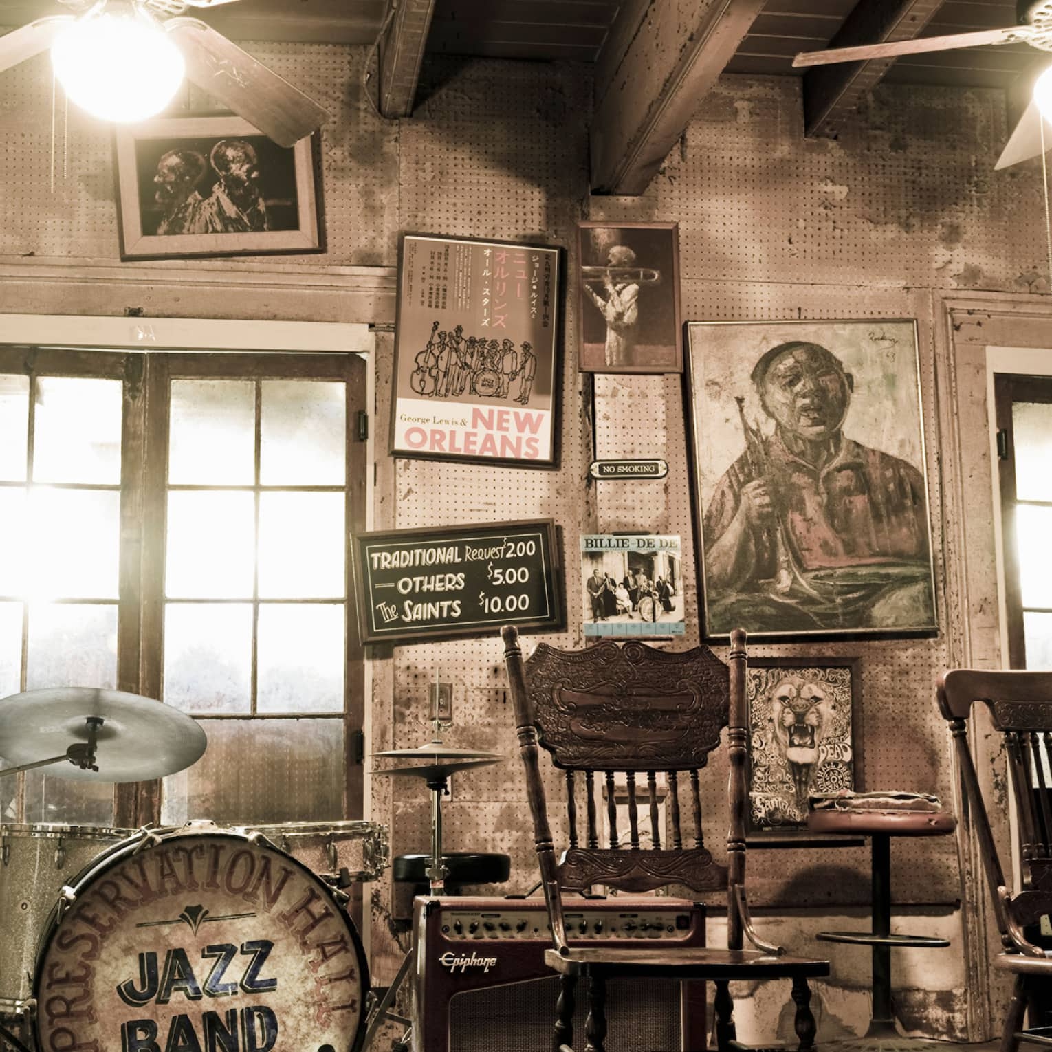 New Orleans stage set up with chairs, drum with words Jazz Band