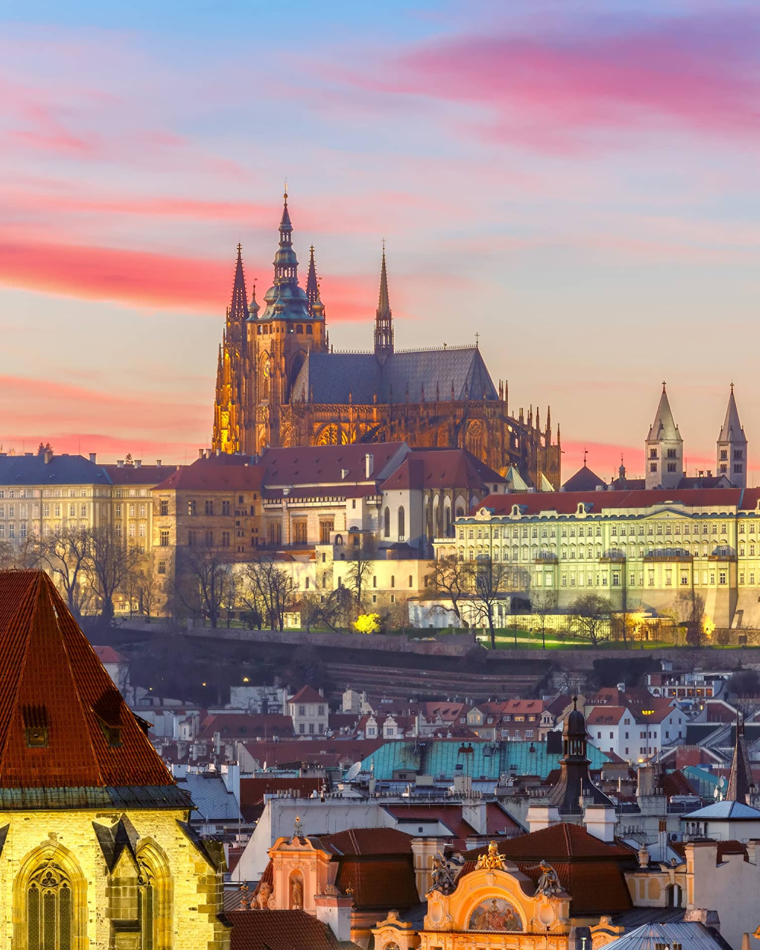 View over Prague, Czech Republic at sunset, Church of Our Lady before Tyn, Old Town