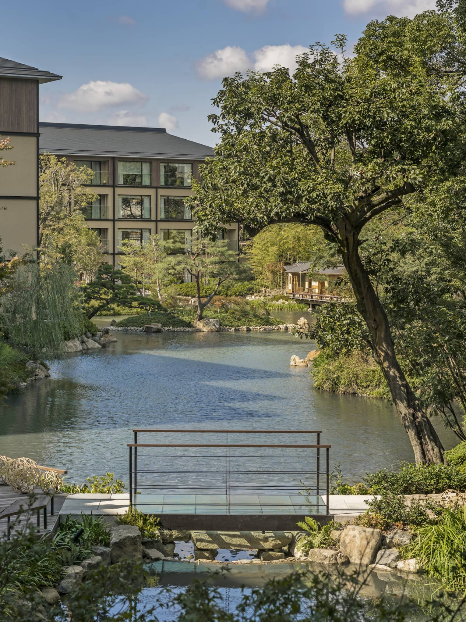 Trees, Shakusuien garden around pond under Four Seasons Hotel Kyoto building