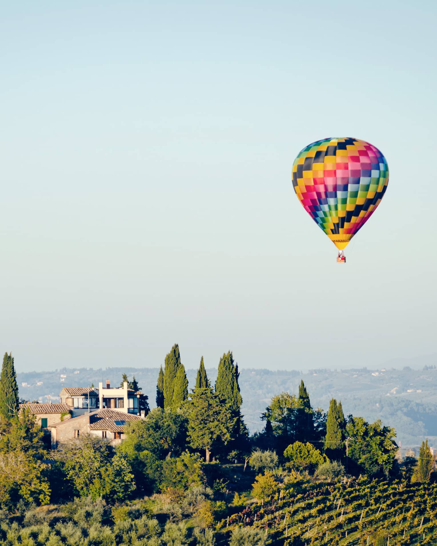A colorful hot air balloon hovering over a vineyard in Florence