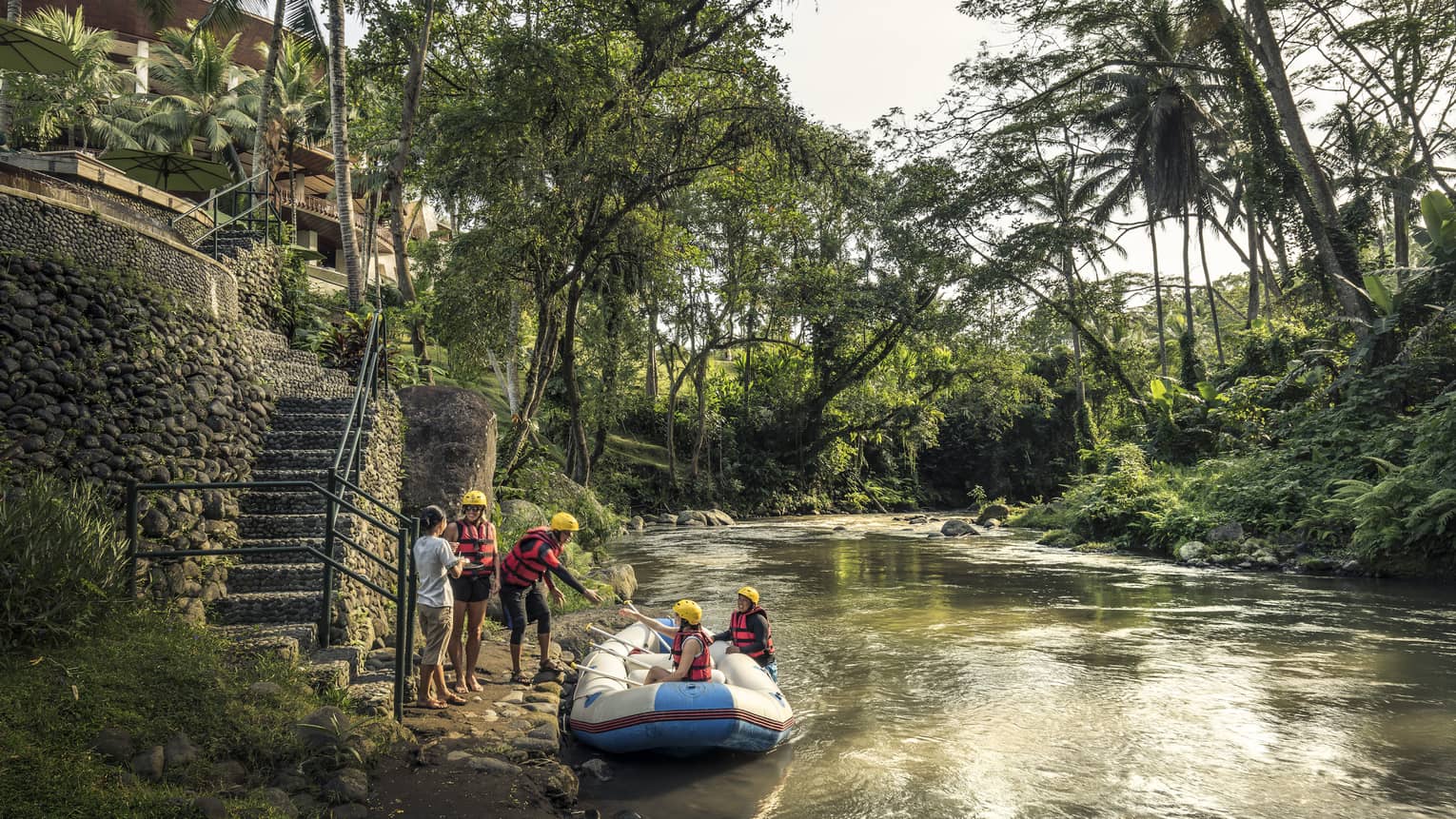 Guests disembarking from a raft after a river adventure in Bali 