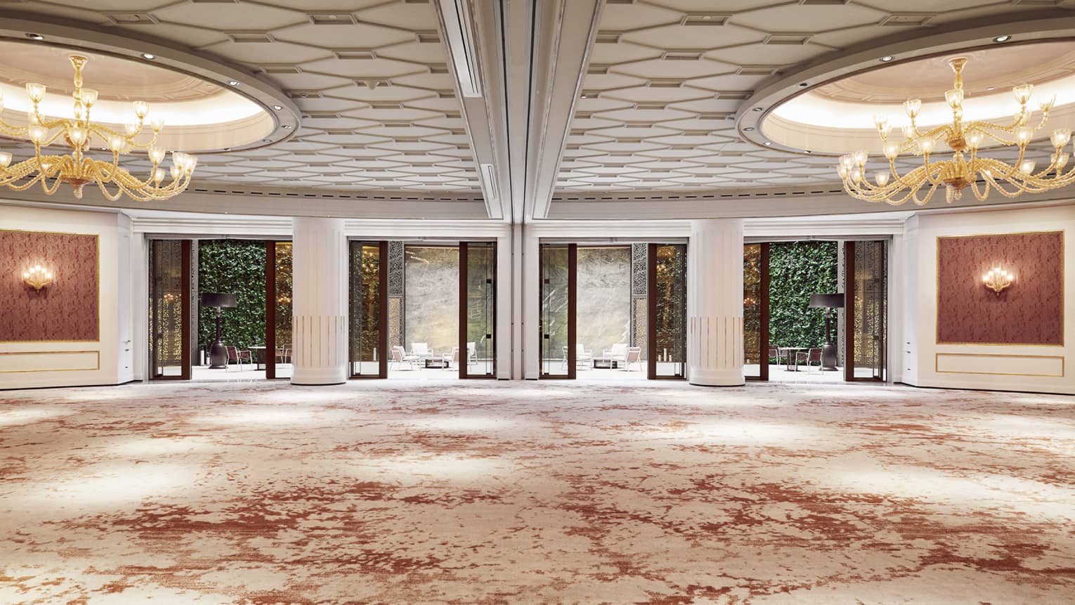 Sol Ballroom with dual chandeliers, wall sconces, red-and-cream patterned carpet, doors leading out onto terrace