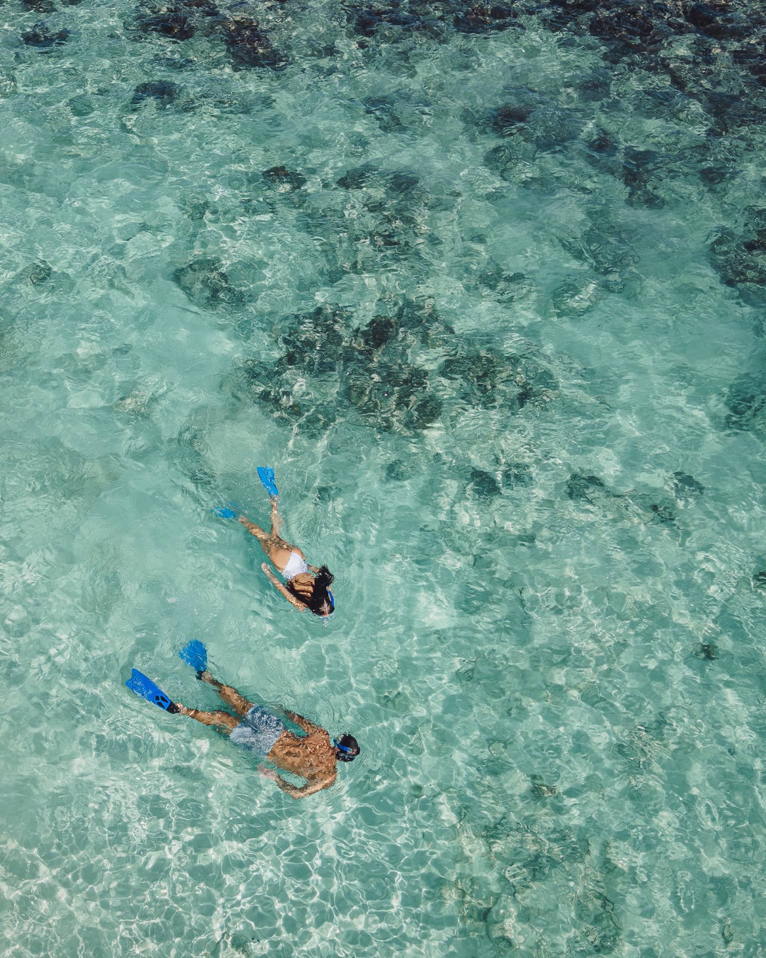 Aerial view of two snorkellers wearing blue flippers in an expanse of shallow, turquoise waters rippling over the reef.