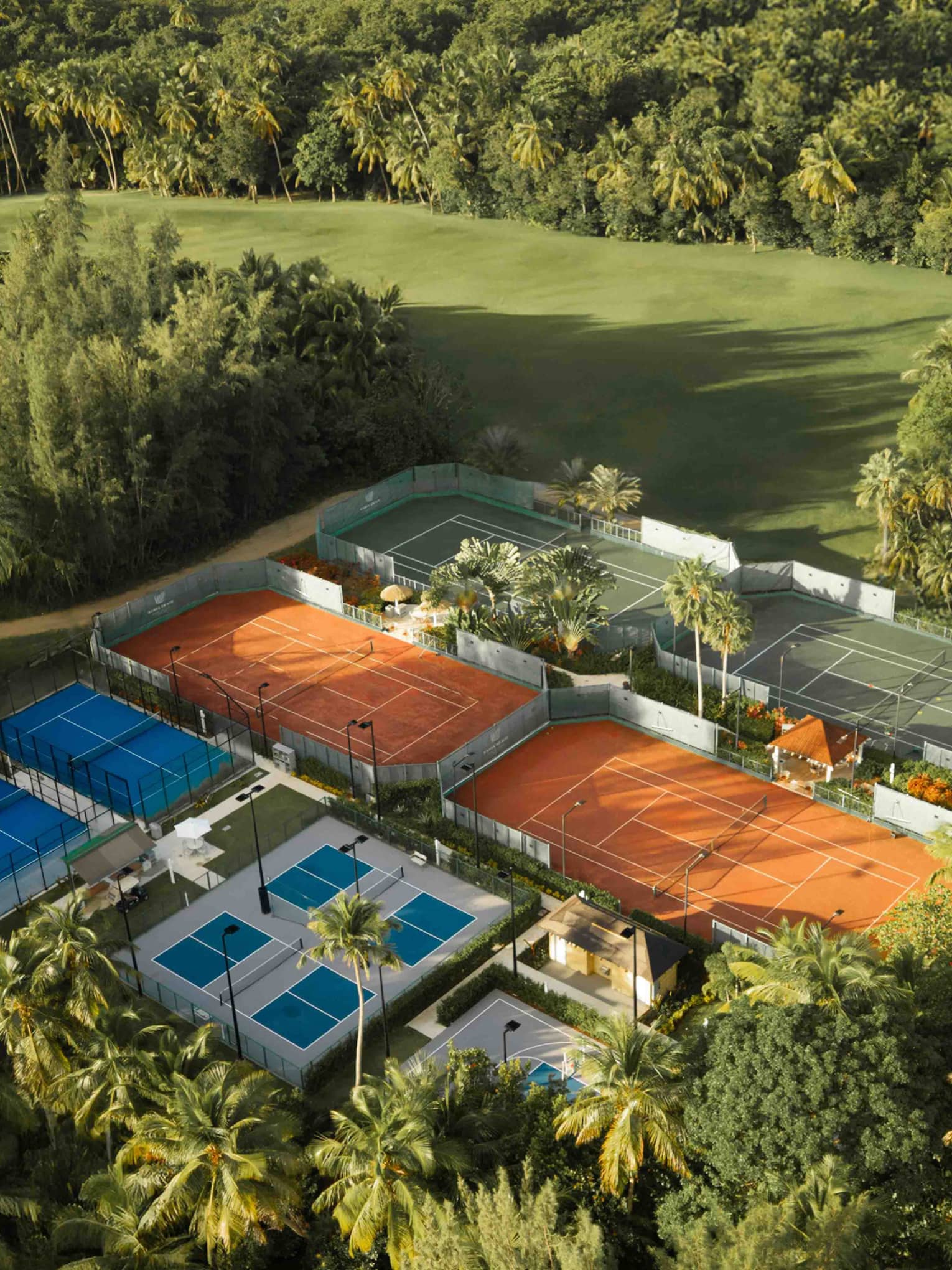 Aerial view of tennis courts at tropical resort