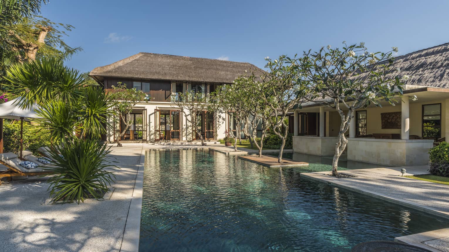 A long private pool and lounge area lined with tropical trees