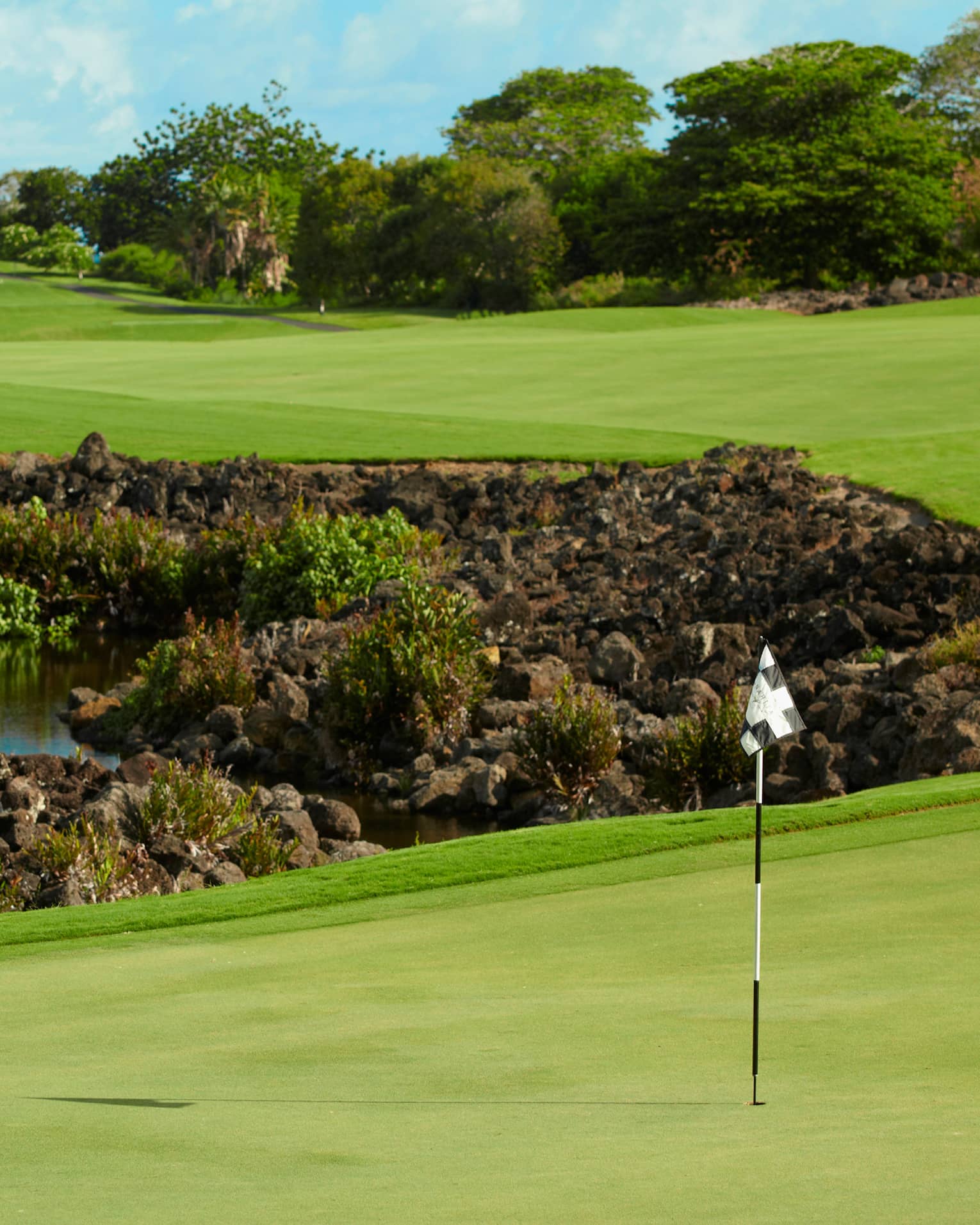 Flag, pole on golf course green near rocks, water 