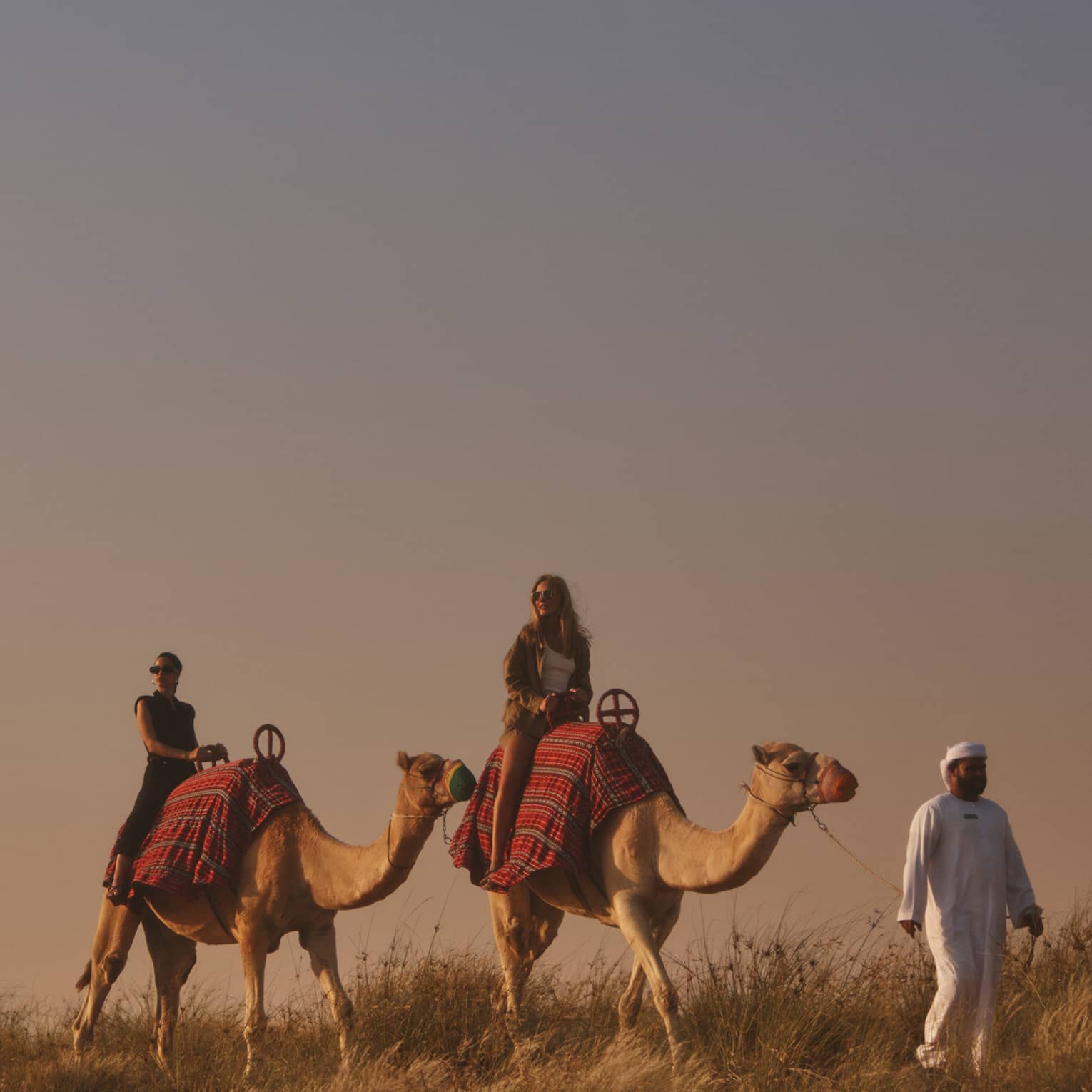 Two people riding camels with guide in front, leading them through a desert