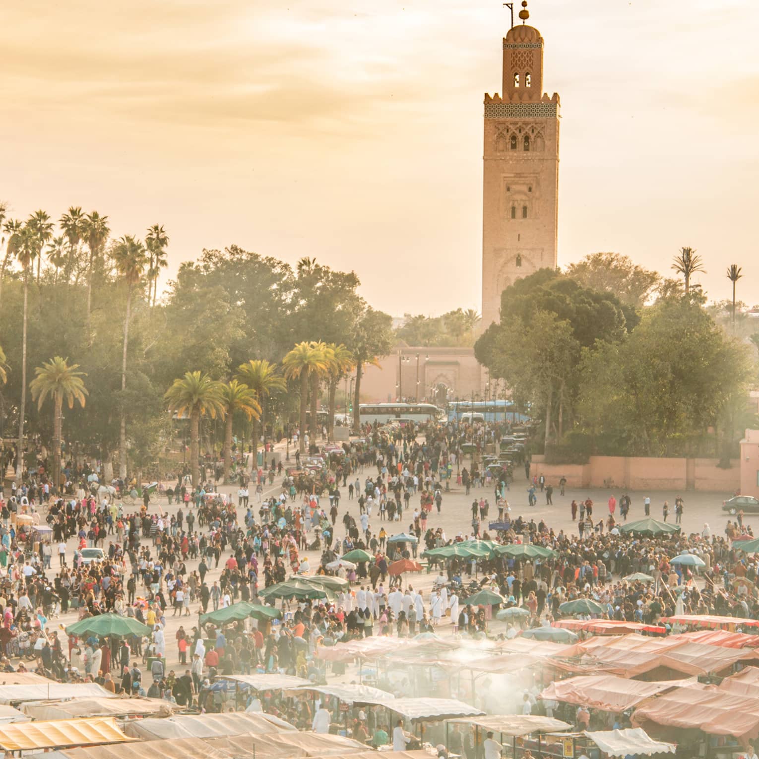 Hazy overhead view of an outdoor market teeming with people, stalls and umbrellas, with trees and a tall minaret at the back.