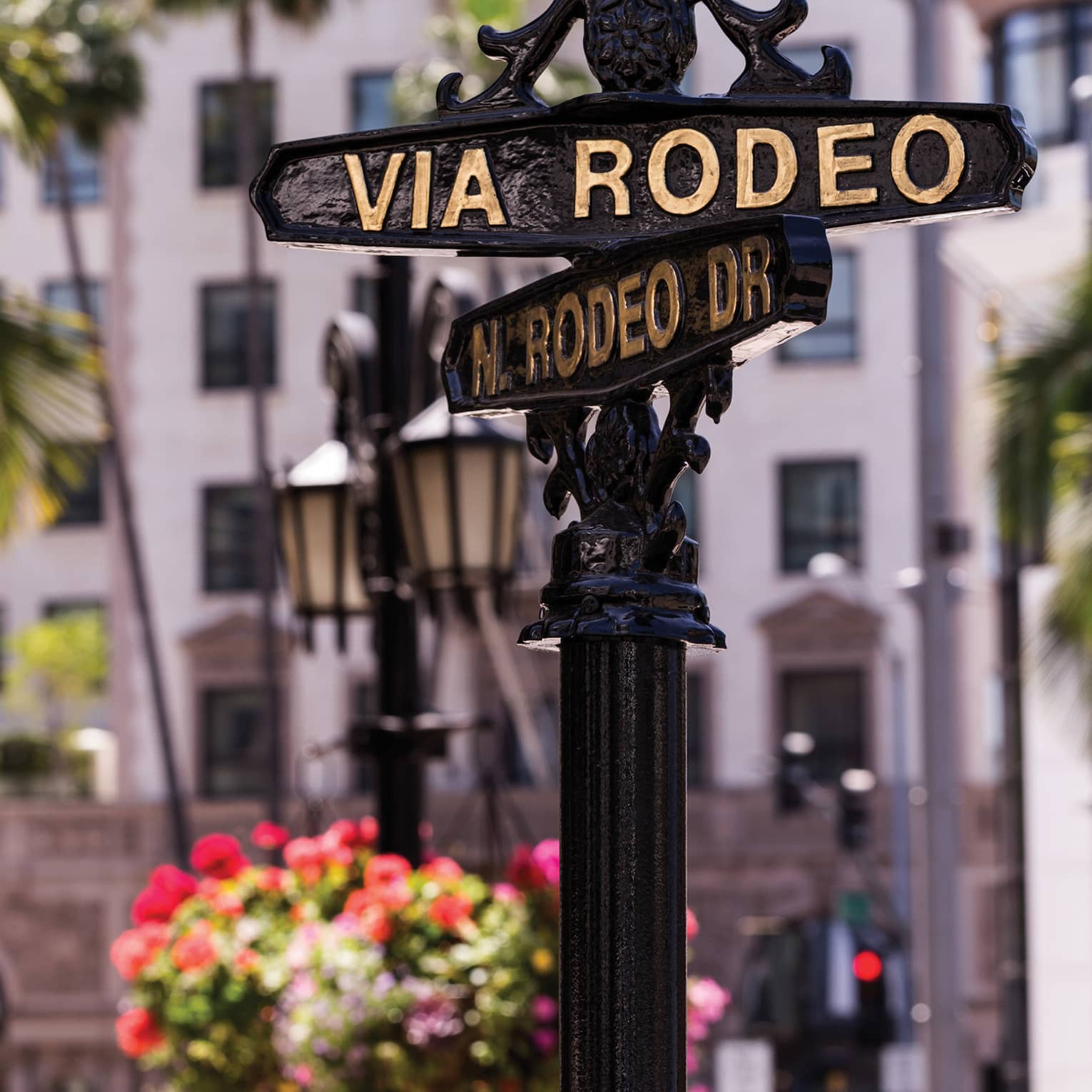 Wrought iron post with Rodeo Drive street signs, palm trees and flowers in background