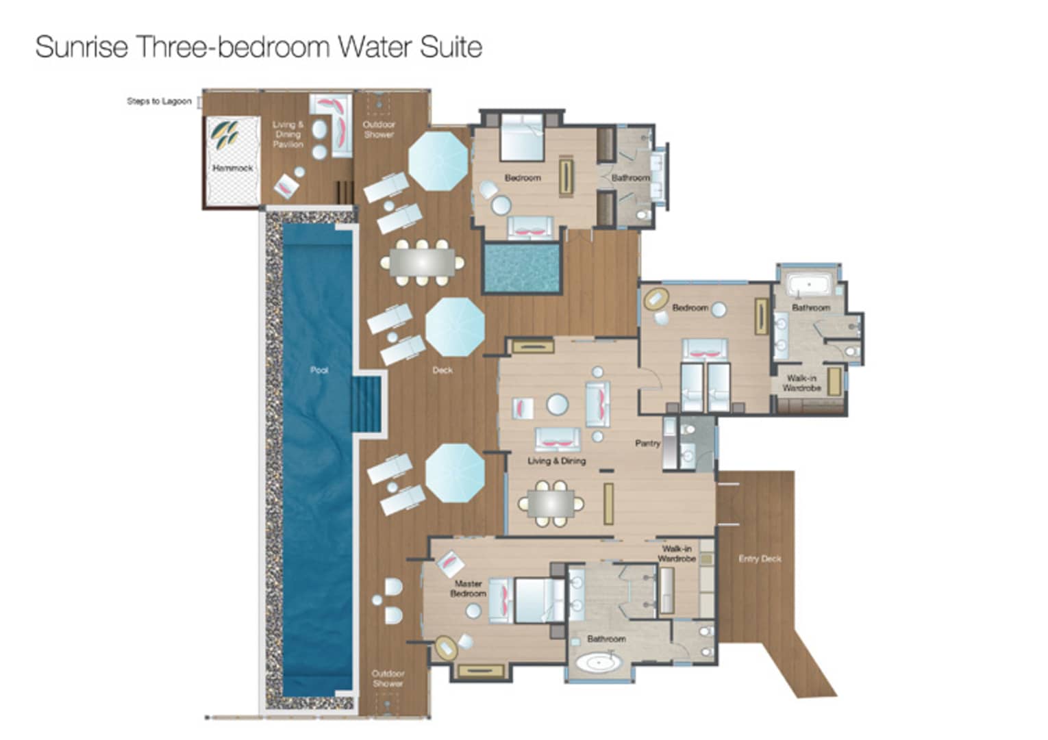 Floorplan of Sunrise Three-Bedroom Water Suite at Four Seasons Maldives at Kuda Huraa