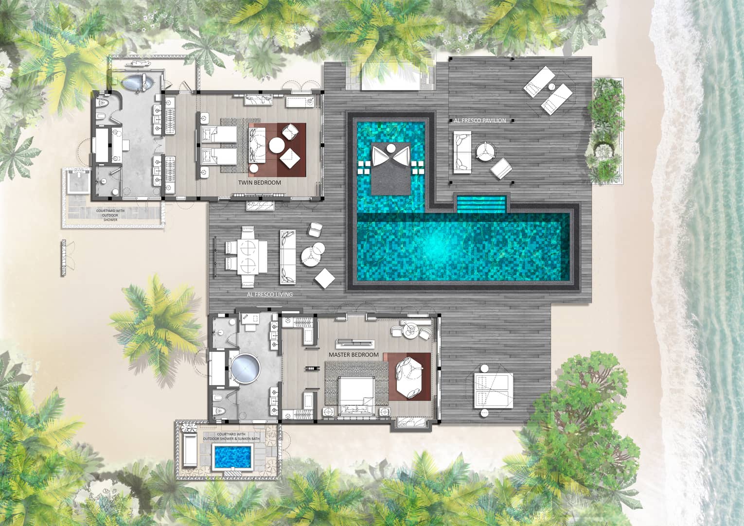Floorplan of Two-Bedroom Ocean Bungalow at Four Seasons Maldives at Landaa Giraavaru