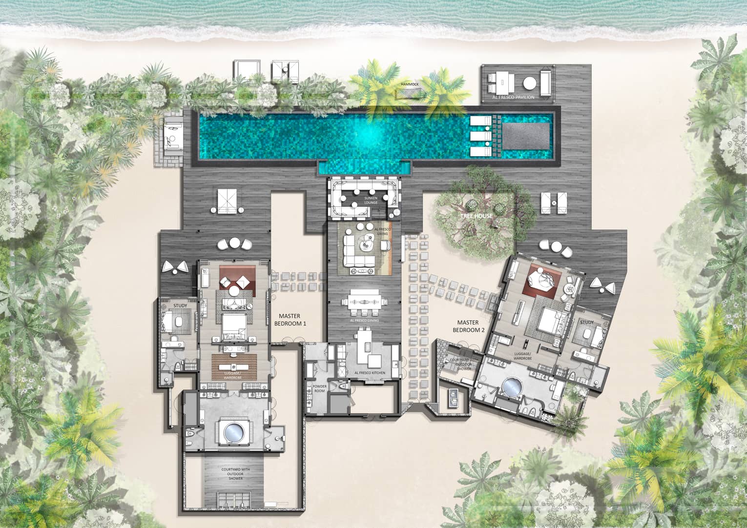 Floorplan of Two-Bedroom Royal Beach Villa at Four Seasons Maldives at Landaa Giraavaru