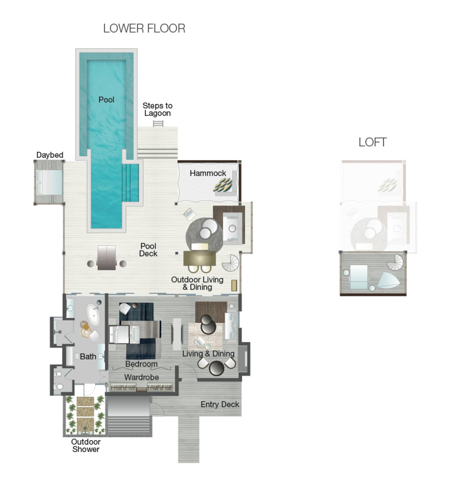 Floorplan of Sunrise Water Villa with Pool at Four Seasons Maldives at Landaa Giraavaru
