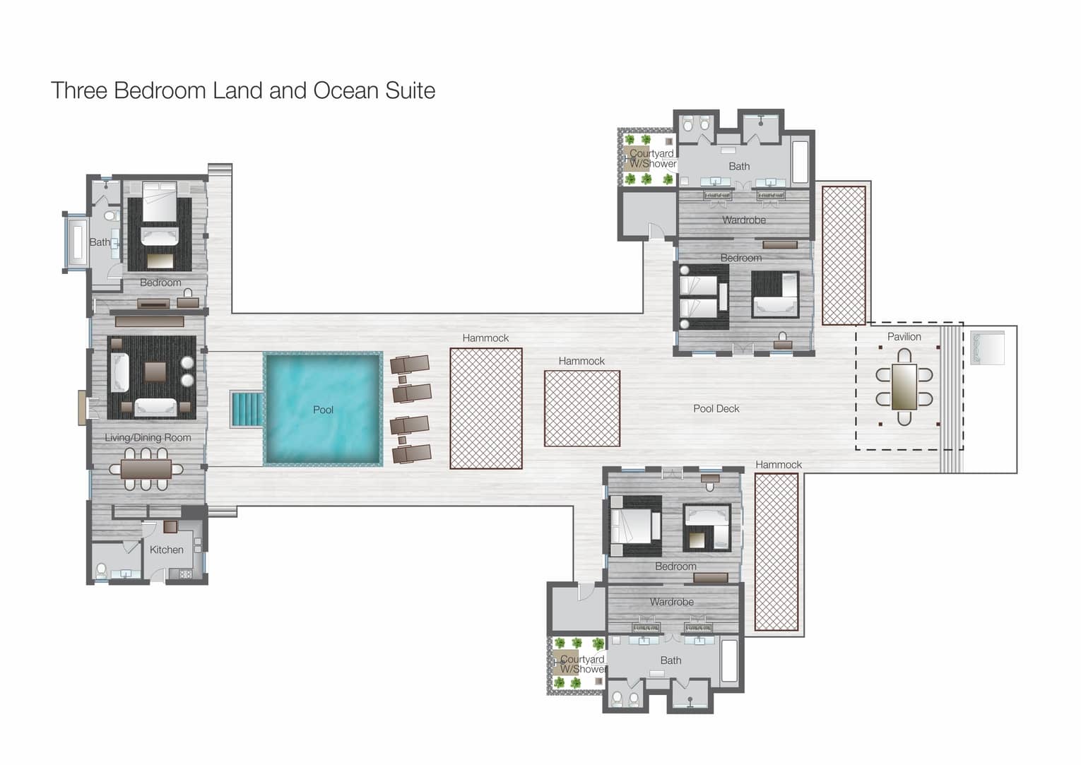 Floorplan of Three-Bedroom Land and Ocean Suite at Four Seasons Maldives at Landaa Giraavaru