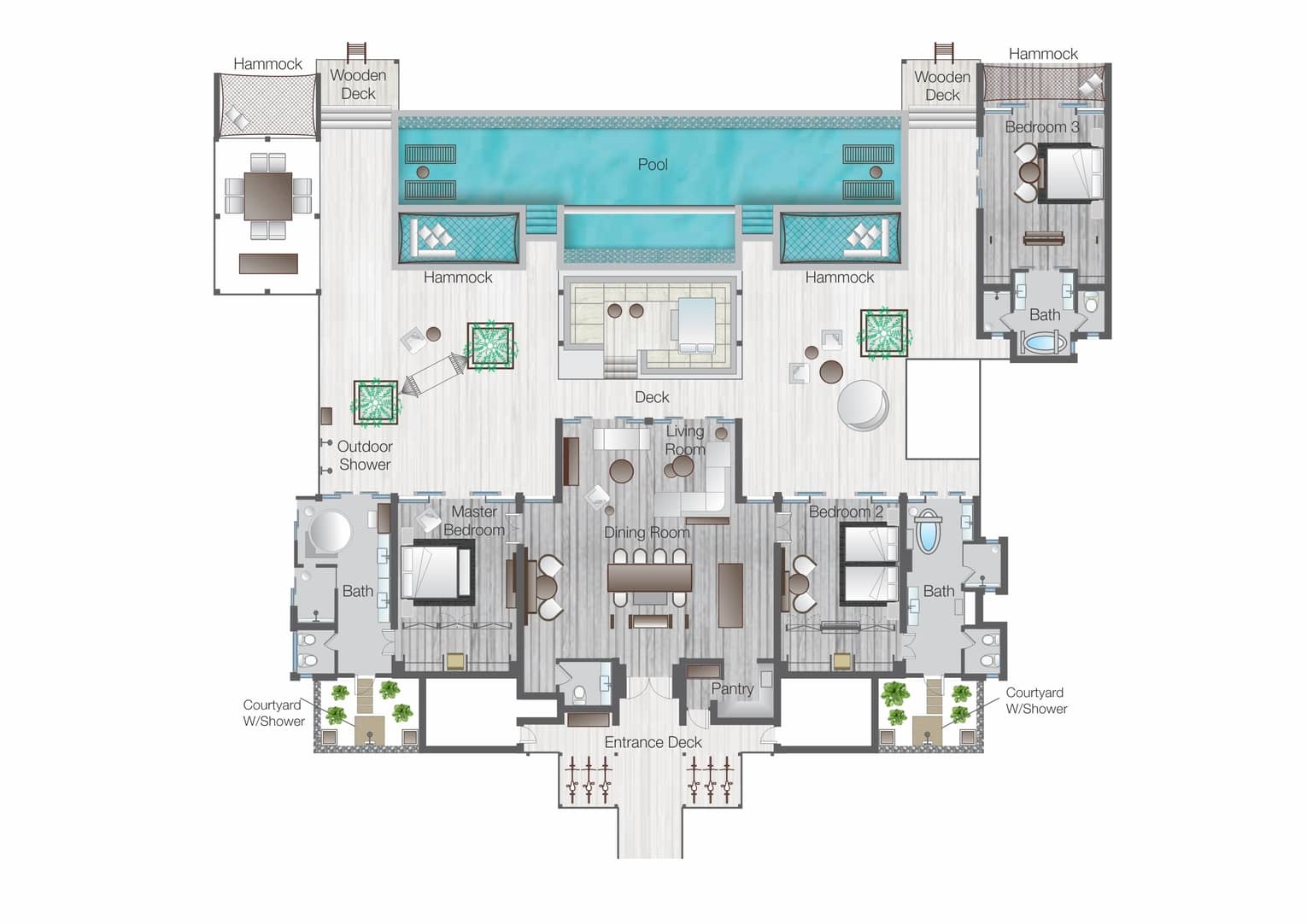 Floorplan of Sunset Three-Bedroom Water Suite with Pool at Four Seasons Maldives at Landaa Giraavaru