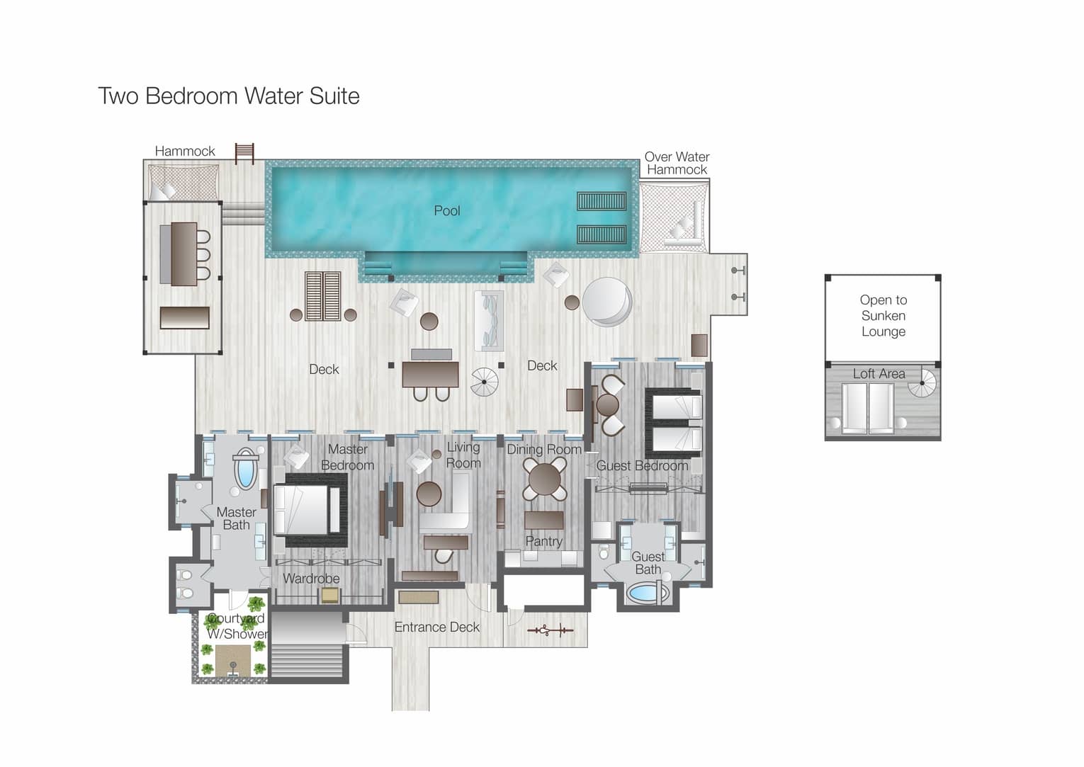 Floorplan of Sunrise Two-Bedroom Water Suite at Four Seasons Maldives at Landaa Giraavaru