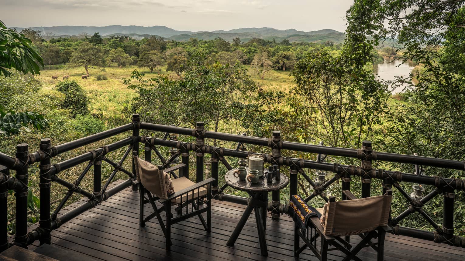 Wood chairs on balcony, looking out at green field with roaming elephants