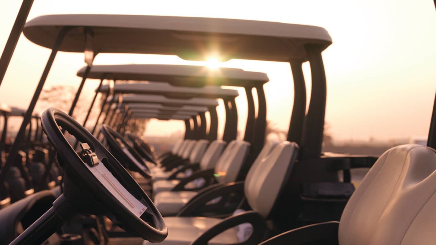 Close-up of golf cart wheel and row of golf carts at sunset