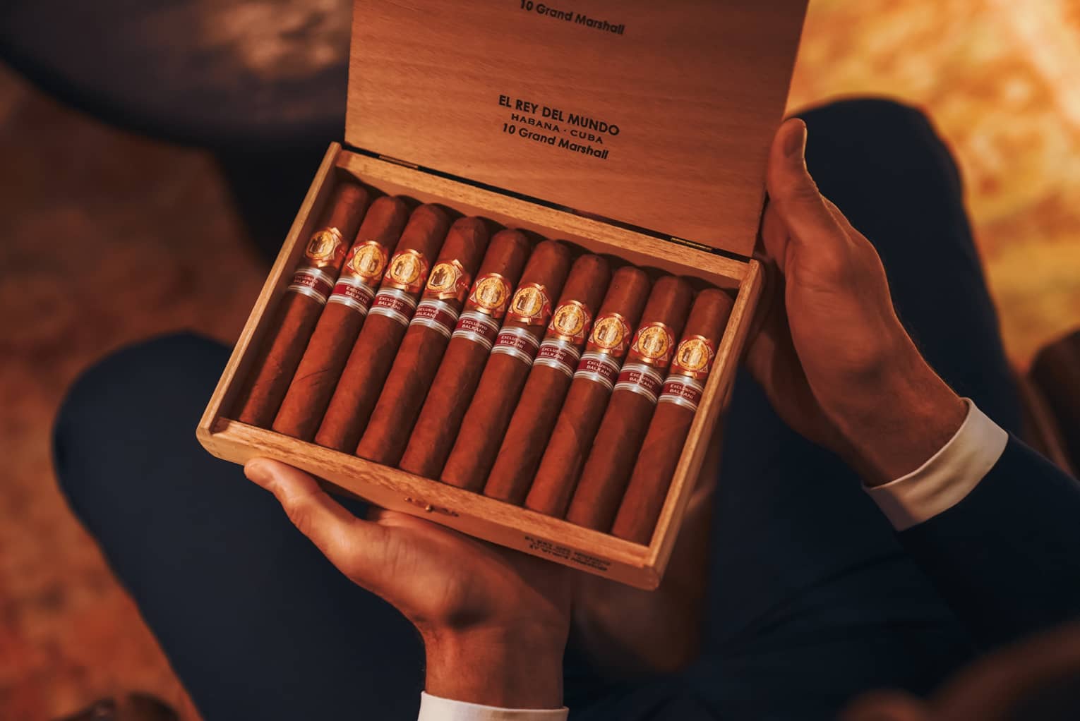 Close up of person's hands holding an open cigar box filled with 10 cigars
