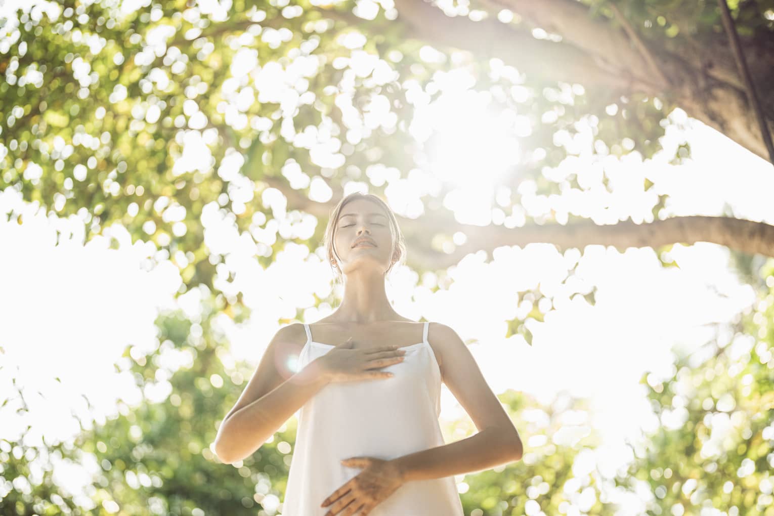 Person practicing mindful breathing in a wellness haven, standing under sunlit trees with hands on chest and abdomen