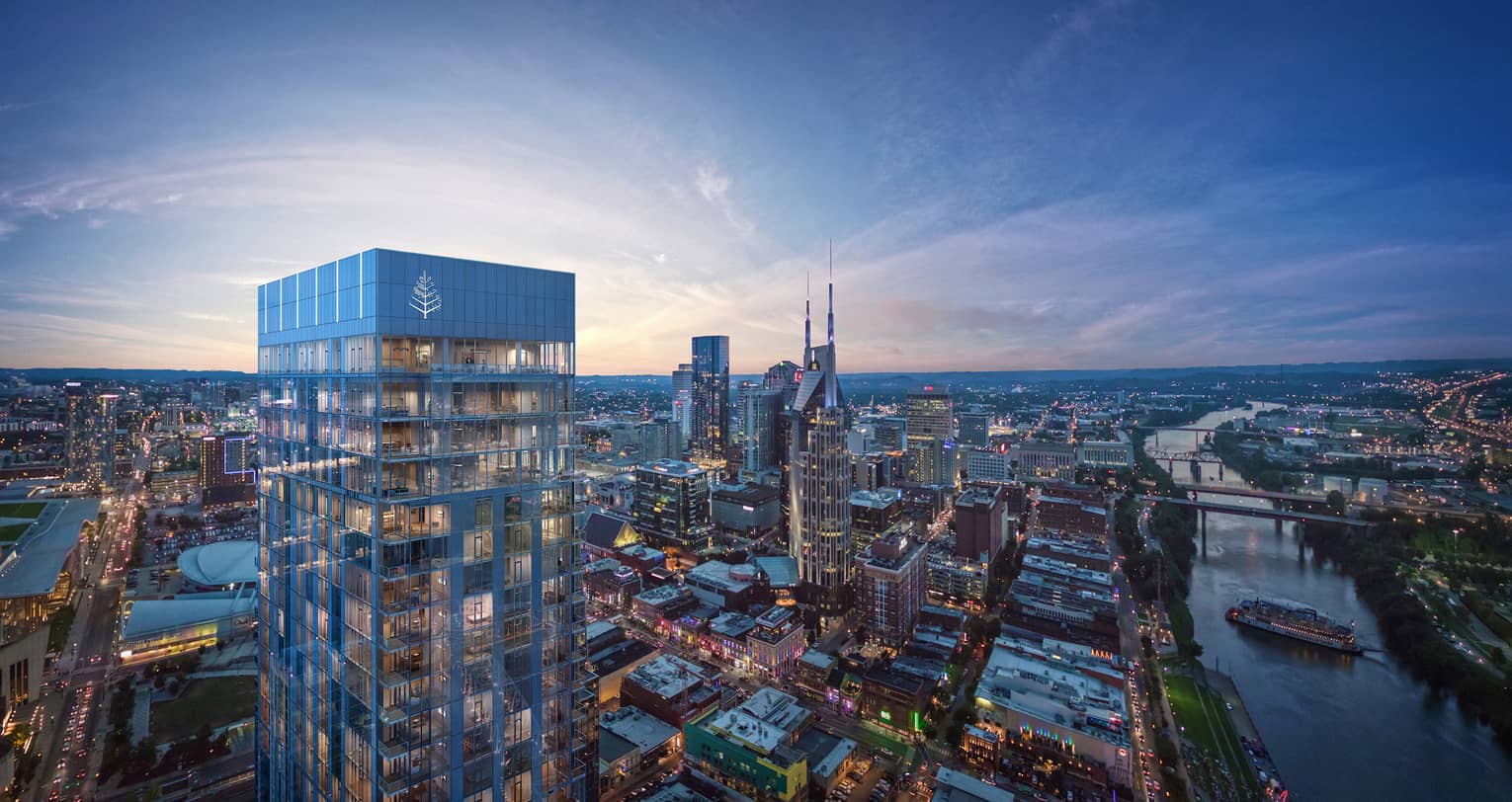 Aerial view of Nashville skyline at dusk