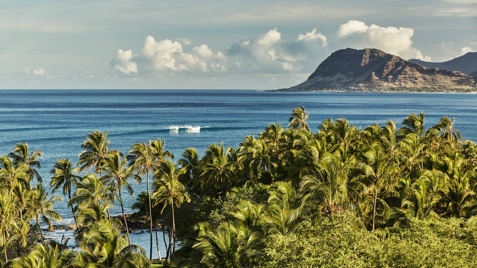 View over tropical forest, palm trees to big waves in ocean, mountains, clouds