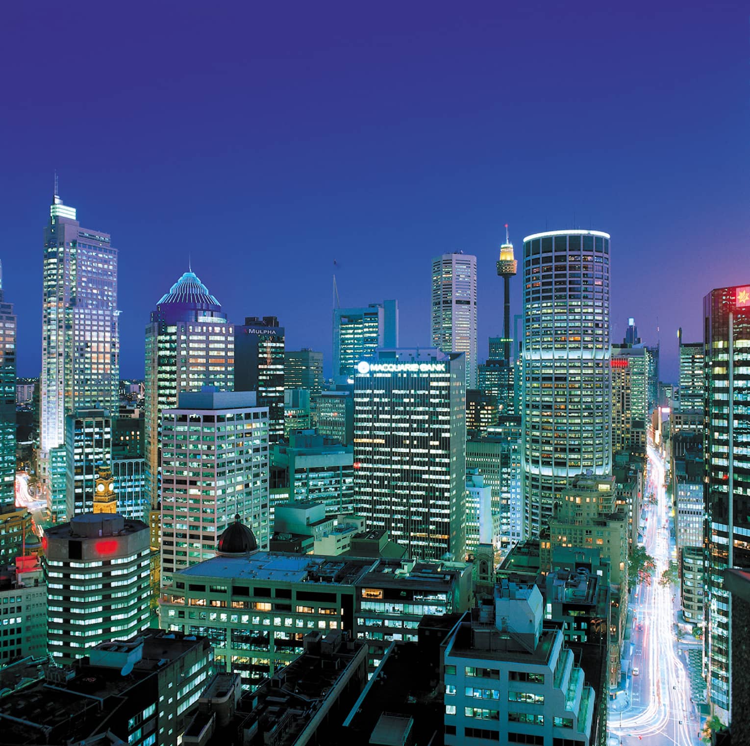 Skyscrapers, lights at night in Sydney's Central Business District