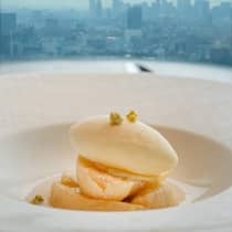 A dessert with a smooth sorbet atop caramelized fruit, served in a deep, white bowl with a city skyline in the background