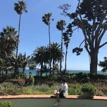 Man sits on brick ledge in front of garden, palm trees against blue sky 