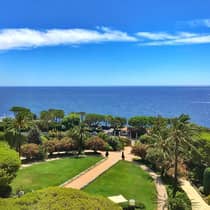 View across green lawn, trees and sea under blue sky 