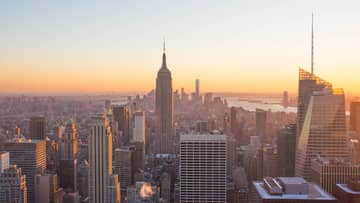 Aerial view of Manhattan, New York skyscrapers at sunset