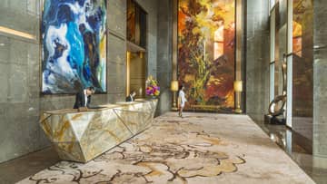 The colourfully designed lower lobby