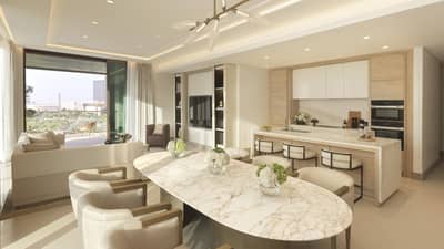 Large dining table and chairs, kitchen with bar counter and large window in background