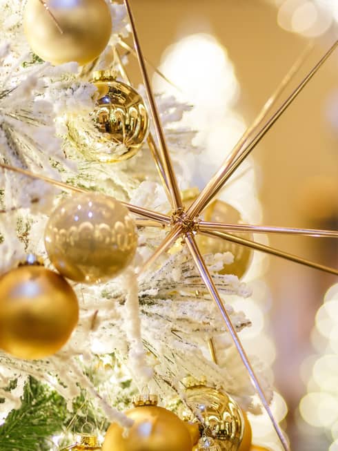 Close up of gold Christmas ornaments in the shape of a sphere and needles.