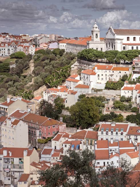 Aerial view of Lisbon city with white cathedral, buildings with red rooftops