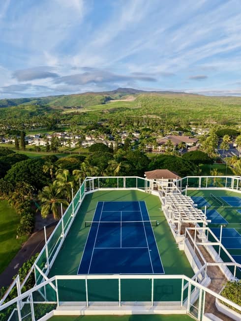 Aerial photo of a tennis court in a tropical landscape