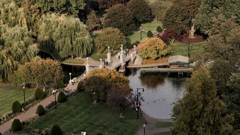 Aerial view of Boston Public Garden path and bridge over canal, large green trees 