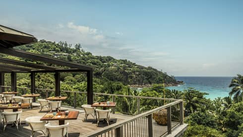 ZEZ outdoor dining room on wood deck overlooking palm trees, blue sky
